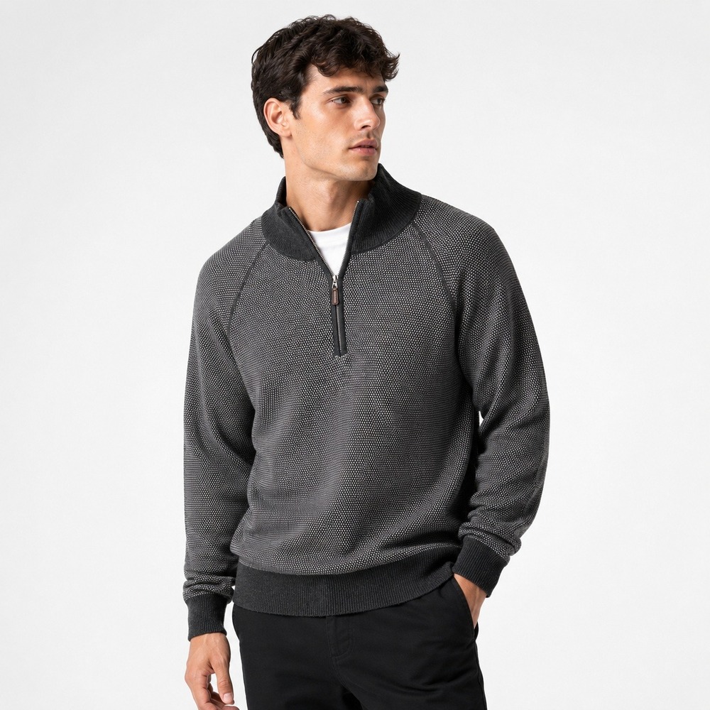 Tahari Mens Quarter Zip XL Pullover Sweater Gray White Birdseye Knit Preppy